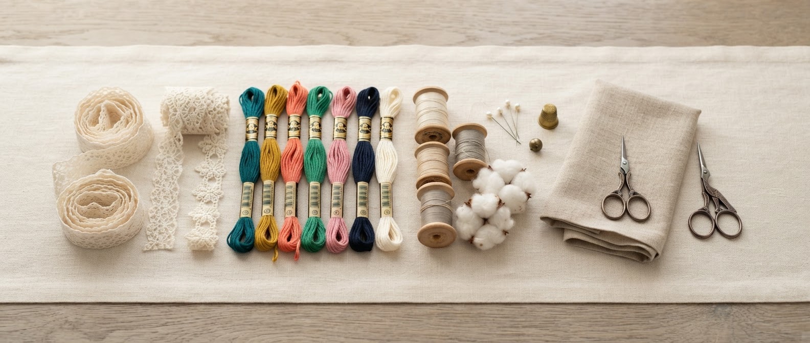 Flat lay of laces, threads and cotton