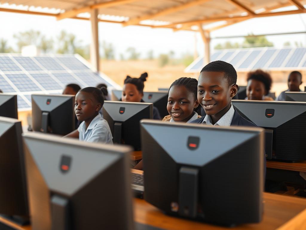 A solar-powered computer lab in a rural Zimbabwean school, showcasing students engaged in learning on computers. The scene emphasizes a bright and sunny environment, with solar panels in the background, and students of diverse backgrounds focused on their screens. The composition should be clean and minimalistic, with vibrant colors highlighting the joy of learning and technology. The setting should reflect a hopeful and empowering atmosphere, illustrating the impact of technology in education.