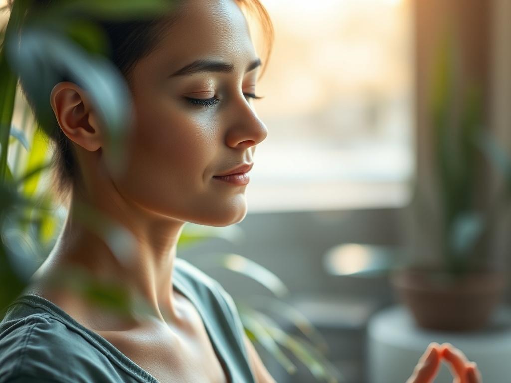A close-up shot of a person meditating in a serene environment, eyes closed, with a peaceful expression. The background should include soft, natural light filtering through plants, suggesting tranquility. The focus should be on the person's calm demeanor, symbolizing improved focus and mindfulness. Use a hyper-realistic style, shot with a 45mm f/1.2 lens.