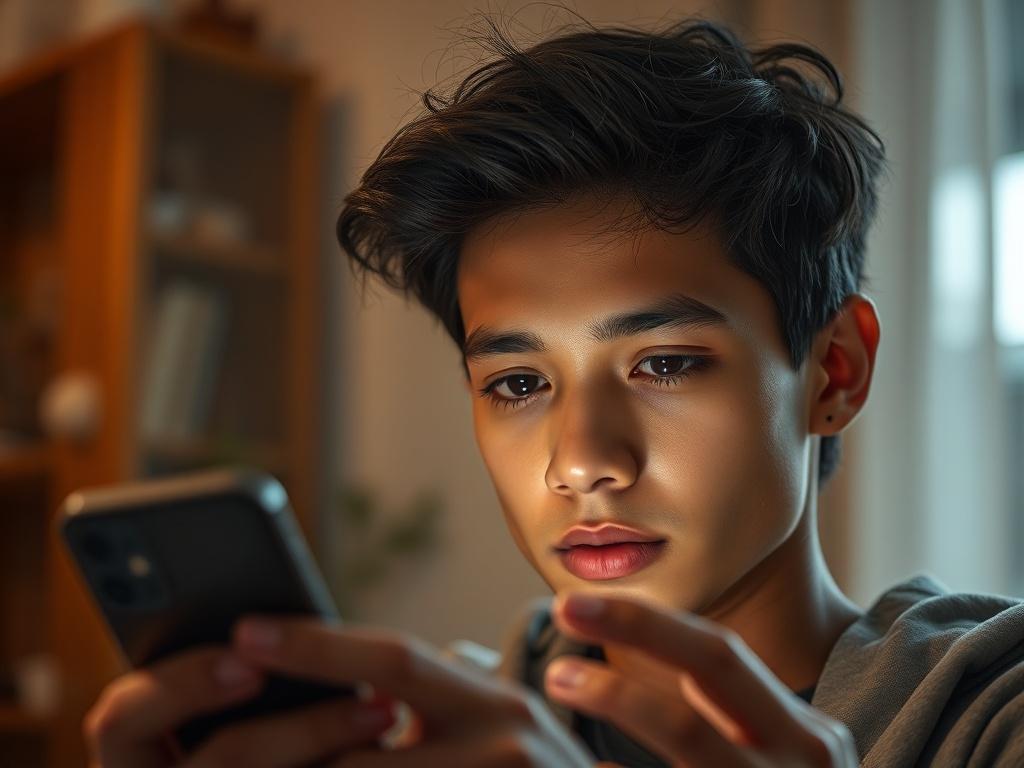 A close-up shot of a person engaging with a smartphone, looking contemplative. The background should be soft and blurred, suggesting a peaceful indoor environment. The focus should be on the individual's facial expression, conveying a sense of reflection and desire for change. Use a hyper-realistic style, shot with a 45mm f/1.2 lens.