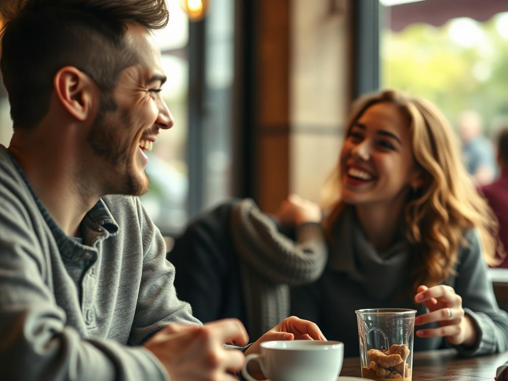 A close-up shot of two friends laughing and talking over coffee, capturing a joyful moment. The background should be slightly blurred, hinting at a cozy café setting. The focus should be on the genuine expressions of happiness and connection between the friends, illustrating the joy of reconnecting. Use a hyper-realistic style, shot with a 45mm f/1.2 lens.