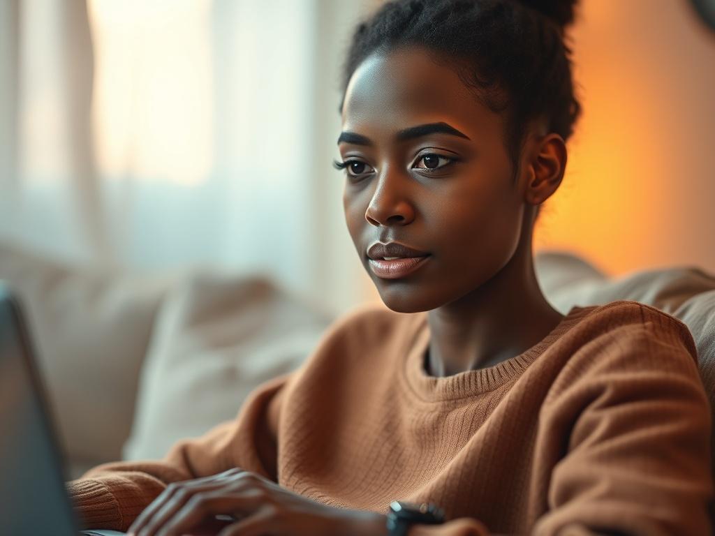 A close-up shot of a serene, reflective person sitting in a comfortable setting, engaging with a therapist via a laptop. The focus is on their expressive face, conveying a sense of hope and introspection. The background is softly blurred, featuring warm, inviting colors that enhance the peaceful atmosphere. The image captures the essence of online therapy and connection, showcasing the importance of emotional support in personal growth.