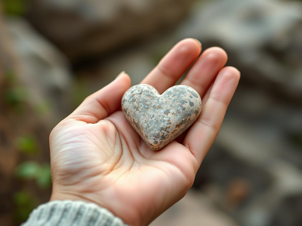 A close-up of a person holding a heart-shaped stone, symbolizing self-love and healing. The background is nature-inspired, with soft greens and browns, representing growth and renewal. The focus is on the person's hand and the stone, highlighting their journey.