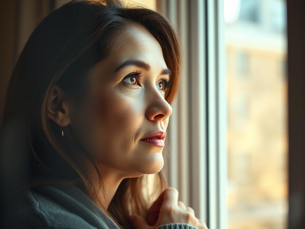 A close-up of a woman looking thoughtfully out a window, symbolizing reflection and healing. The background is softly blurred to emphasize her expression. The setting is warm and inviting, with natural light streaming in, creating a serene atmosphere.