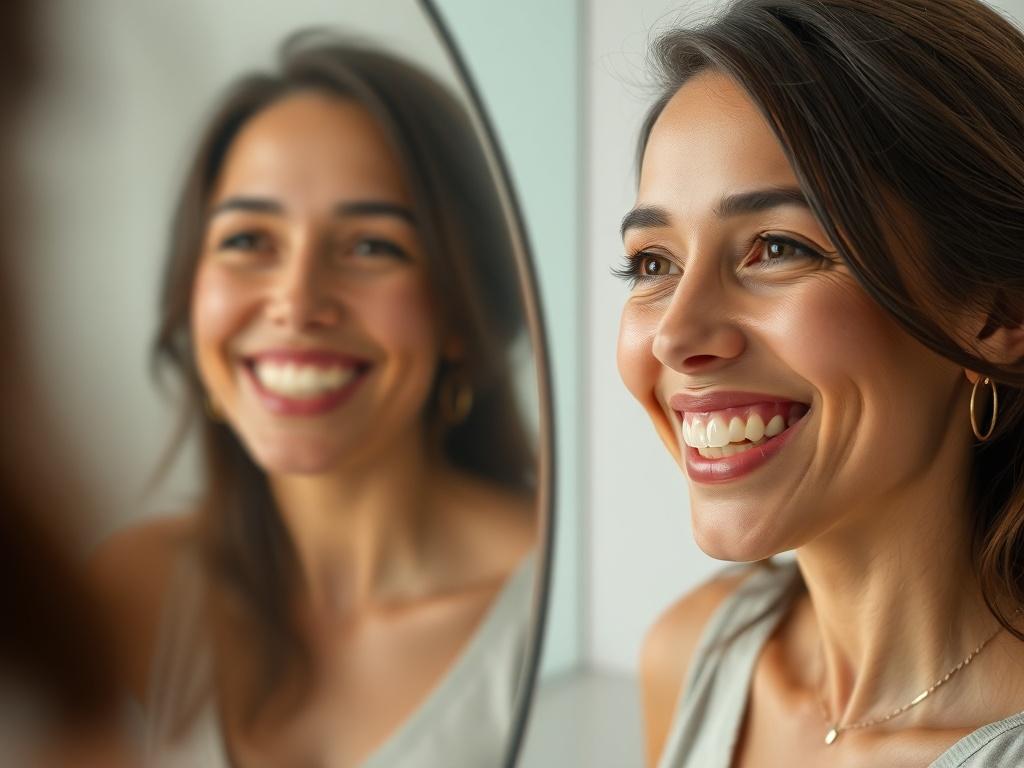 A close-up shot of a woman smiling confidently in front of a mirror, reflecting self-acceptance. The mirror's surface is slightly foggy, symbolizing clarity emerging from confusion. The background is soft and neutral, emphasizing her joyful expression.