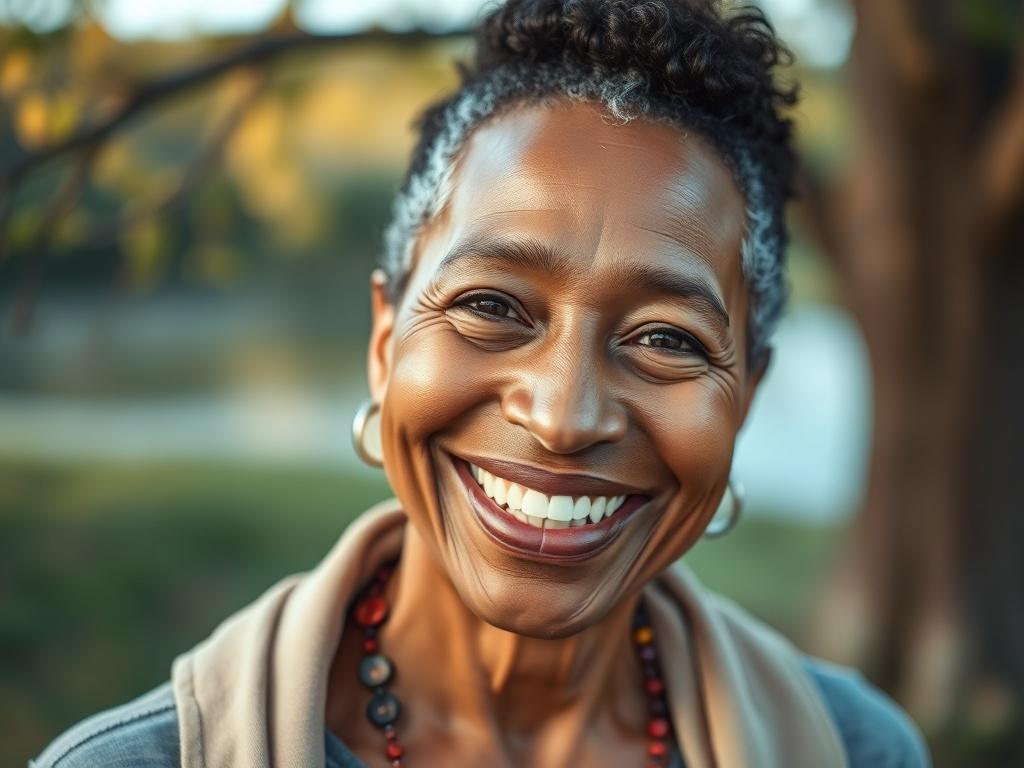 A close-up shot of a confident cancer survivor smiling, with a soft background of a peaceful nature scene. The image should be vibrant, showcasing the survivor's joy and resilience, captured in high resolution with a 45mm f/1.2 lens.