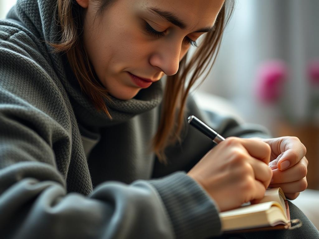 A close-up shot of a person writing in a journal, reflecting on their emotions with a peaceful expression. The background should be softly blurred, creating an atmosphere of introspection and healing, captured in high resolution with a 45mm f/1.2 lens.
