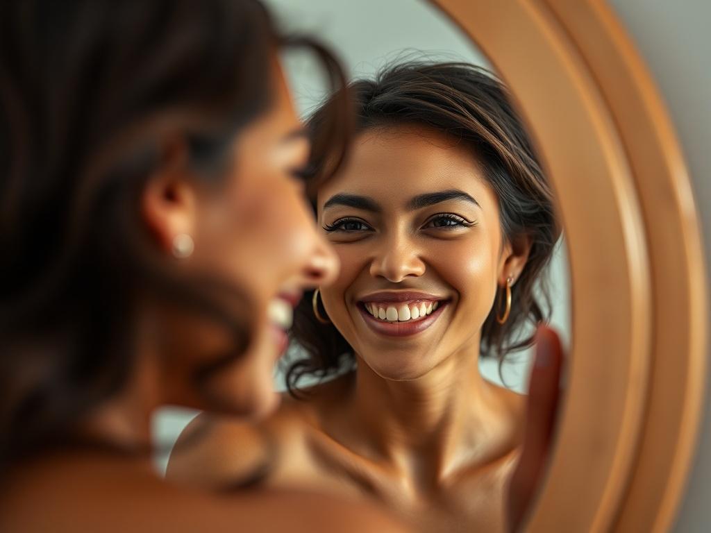A close-up shot of a person looking confidently in a mirror, smiling at their reflection. The background should be softly blurred, emphasizing the subject's expression of self-love and acceptance, captured in high resolution with a 45mm f/1.2 lens.