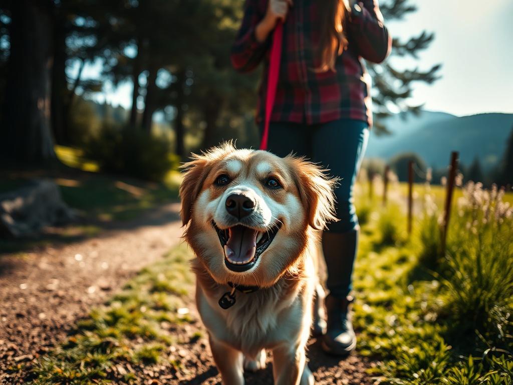 A happy dog being walked in a scenic outdoor setting, with a caretaker providing loving attention, capturing the bond between pet and caregiver in a vibrant, natural environment.