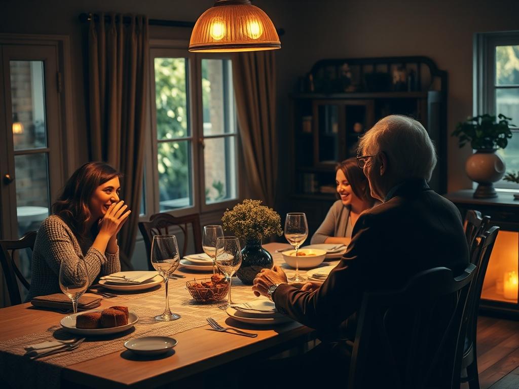 A cheerful host welcoming guests at a beautifully set dining table in a cozy home environment, with warm light and an inviting atmosphere, showcasing a friendly interaction.