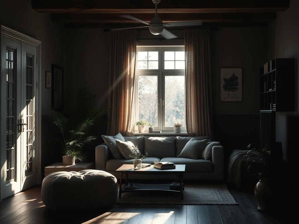 A cozy, well-maintained living room with sunlight streaming through the window, showcasing a clean and organized space. An inviting atmosphere with soft furnishings and a touch of greenery, emphasizing comfort and care.