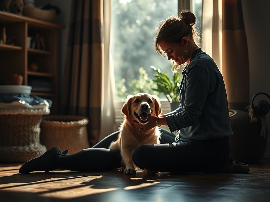 A serene environment featuring a pet being cared for with attention and love. The scene captures a person sitting on the floor, gently grooming a happy dog. Natural light filters through a window, highlighting the bond between the pet and the caregiver. Soft shadows create an inviting atmosphere. The background shows cozy pet accessories and a hint of greenery, emphasizing a nurturing space. The photo should have rich contrasts and deep shadows to enhance the emotional connection.