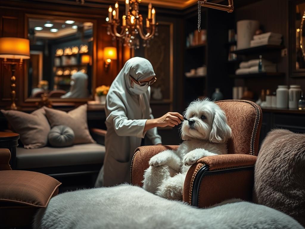 A luxurious setting featuring a pampered pet receiving an indulgent grooming session. The scene shows a beautifully decorated space with soft cushions, stylish grooming tools, and a content pet relaxing in a plush chair. Warm lighting creates a cozy ambiance, highlighting the care and attention provided. The background subtly suggests luxury with elegant decor and pet accessories. This image should evoke feelings of comfort and premium service, emphasizing the exceptional care offered to pets.