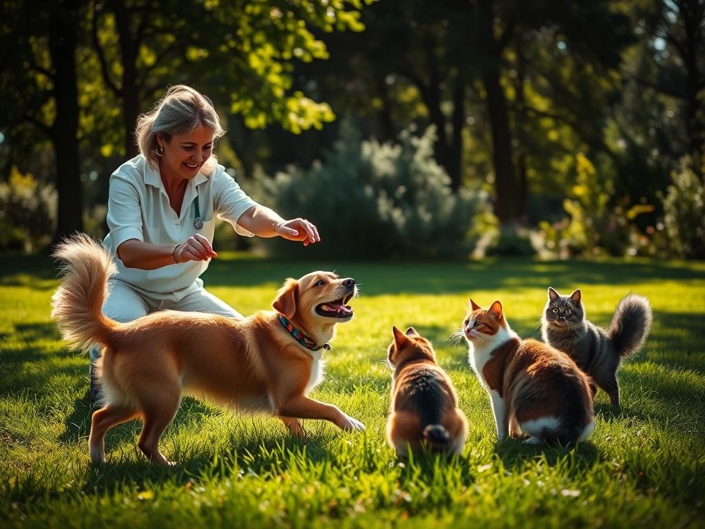An engaging scene of a caregiver interacting joyfully with a group of pets outdoors. The caregiver is playing fetch with a dog while two cats observe playfully nearby. Bright sunlight illuminates the lush green grass and trees, creating a vibrant and lively atmosphere. The composition should emphasize the connection and happiness shared between the pets and the caregiver, showcasing the benefits of dedicated care. Contrasting shadows add depth to the image, enhancing the warm feeling of companionship.