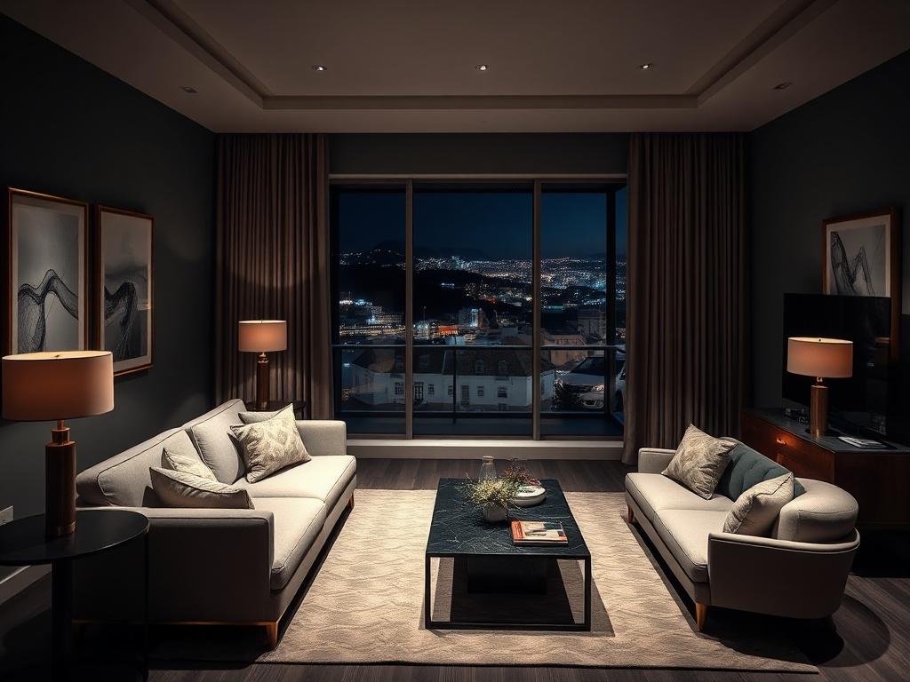 A beautifully designed luxury rental apartment in central Funchal, Madeira. The room features elegant furniture, soft lighting, and a serene atmosphere. A large window showcases views of the vibrant cityscape outside. The color palette includes soft, calming tones with touches of sophistication. The focus is on comfort and style, creating a welcoming environment for guests.