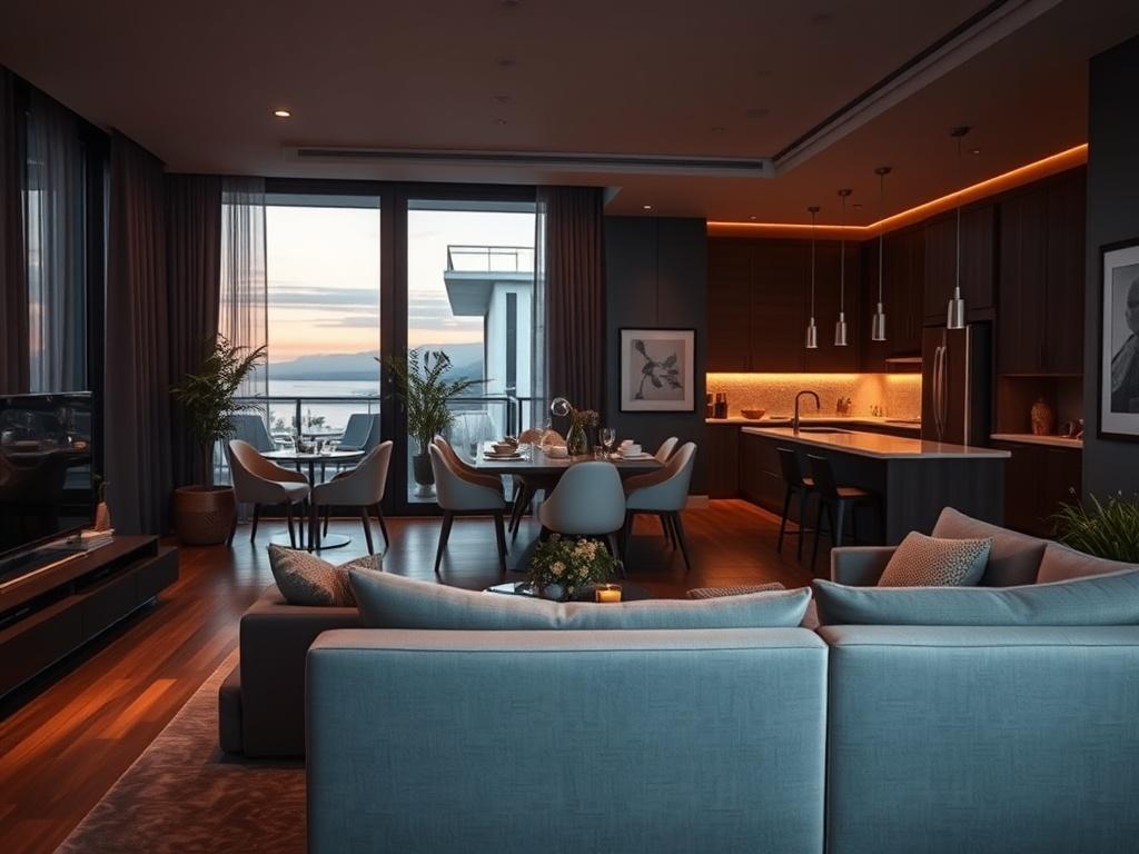 An inviting living area in a luxury apartment with key features highlighted. The scene includes a cozy couch, a fully equipped kitchen in the background, and a balcony with scenic views. Soft, warm lighting creates a welcoming ambiance, and decorative elements enhance the overall elegance. The focus is on the comfort and functionality of the space.