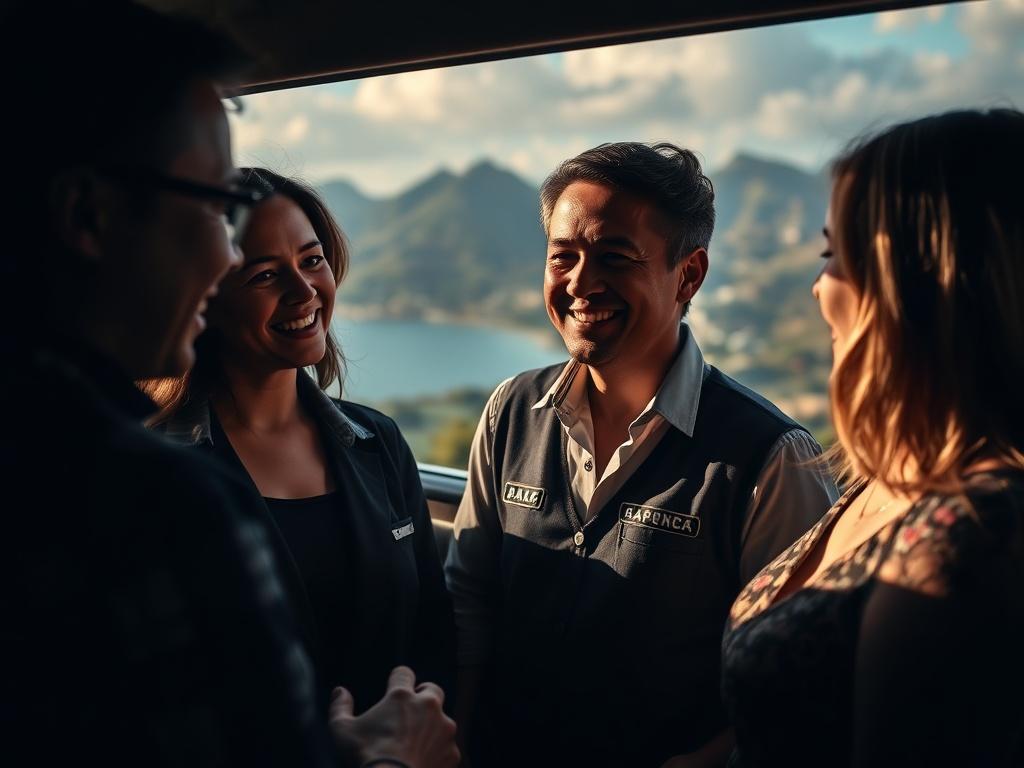 A warm, welcoming scene featuring a smiling representative from the rental team, engaging with guests. The background shows a beautiful Madeira landscape, symbolizing the personalized support and local knowledge offered. The atmosphere is friendly and inviting, emphasizing the commitment to guest satisfaction and assistance.