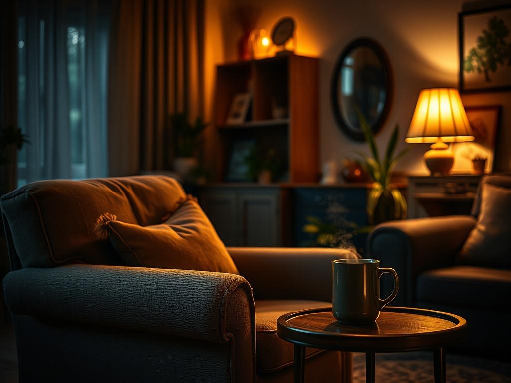 A cozy, well-maintained living room with warm lighting, showcasing a clean and inviting atmosphere. The focus is on a comfortable armchair next to a side table with a steaming mug, symbolizing relaxation and comfort. The background features well-kept decor and plants, emphasizing a nurturing home environment.