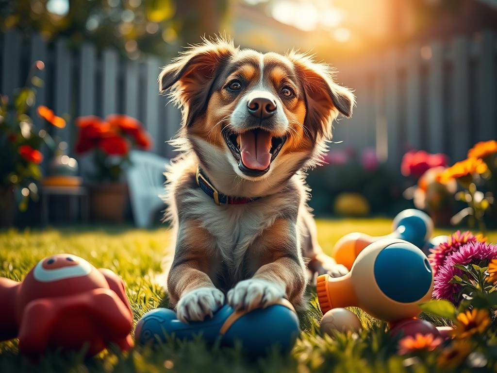 A joyful dog playing in a sunny backyard, surrounded by toys and vibrant flowers. The focus is on the dog's playful expression, showcasing happiness and comfort. The background highlights a safe and clean outdoor space, emphasizing a loving environment for pets.