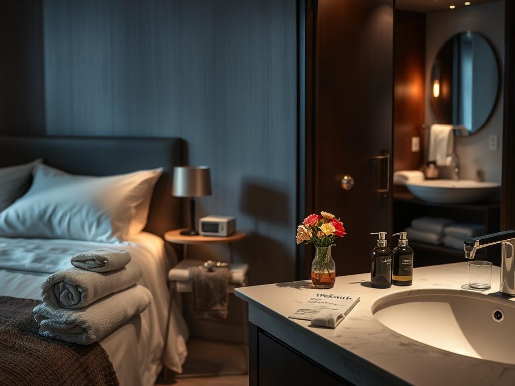 A stylish guest room featuring neatly arranged towels, a welcome booklet on a bedside table, and luxurious toiletries on a bathroom counter. The room is well-lit, creating an inviting atmosphere, with soft shadows enhancing the comfort of the space. A small vase with fresh flowers adds a personal touch.