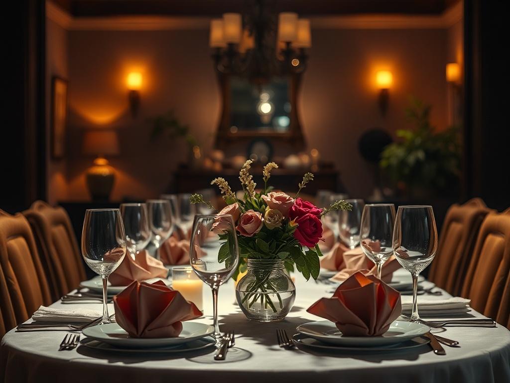 A beautifully arranged dining table set for guests, showcasing elegant tableware and fresh flowers. The lighting is warm and inviting, creating a welcoming atmosphere. In the background, there are hints of a well-decorated home, emphasizing hospitality and attention to detail.