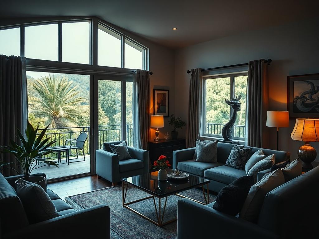A serene, high-resolution photo of a beautifully maintained vacation rental property in Madeira. The scene captures a cozy living room with tasteful decor, large windows that let in natural light, and a view of lush greenery outside. The atmosphere is inviting and warm, conveying a sense of relaxation and comfort for property owners looking to travel. Rich contrasts and dramatic lighting enhance the inviting ambiance.