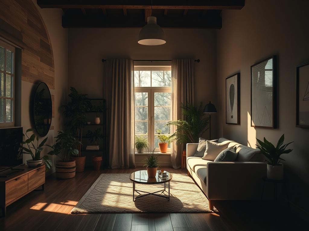 A serene living room with natural light streaming in, showcasing a well-maintained space with plants, a cozy sofa, and decorative elements. The atmosphere is calm and inviting, emphasizing cleanliness and comfort.