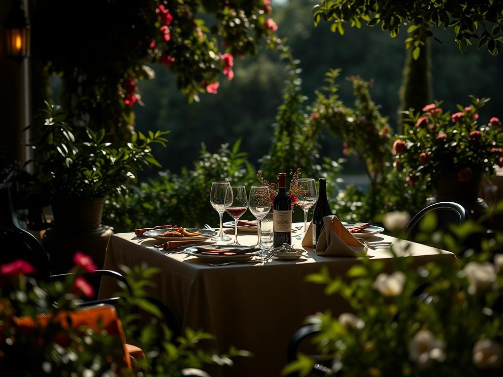 A beautifully set dining table outdoors, surrounded by lush greenery and flowers, with an elegantly arranged meal and wine. The scene conveys warmth and hospitality, inviting guests to relax and enjoy.