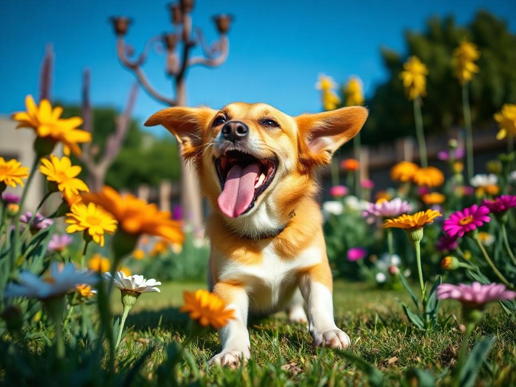 A joyful dog playing in a sunny garden, surrounded by vibrant flowers and a clear blue sky. The image captures the essence of happiness and care, highlighting the bond between pets and caregivers.