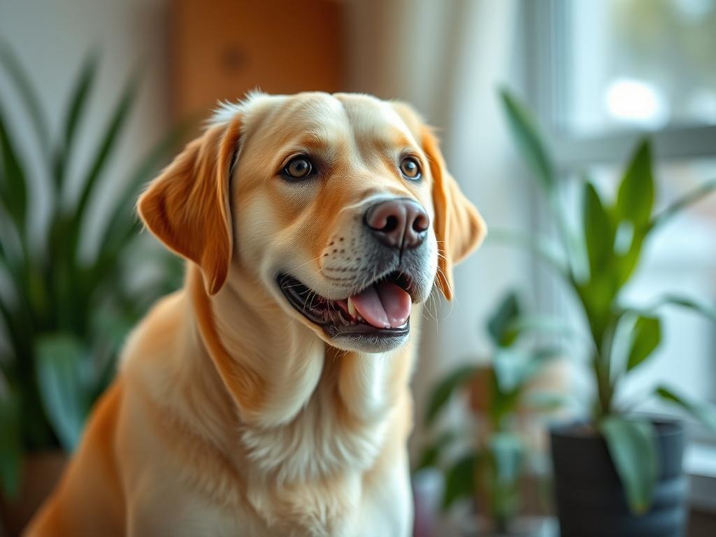 Create a highly realistic, high-resolution photo that embodies the theme of a blog titled "Understanding Your Pet's Needs." The image should focus on a single subject: a close-up of a contented, medium-sized dog, such as a Labrador Retriever, sitting attentively. The dog's eyes should express curiosity and warmth, reflecting the loving bond between pets and their owners. 

The background should be softly blurred to emphasize the dog, with hints of a well-tended garden or a cozy living room, featuring subtle