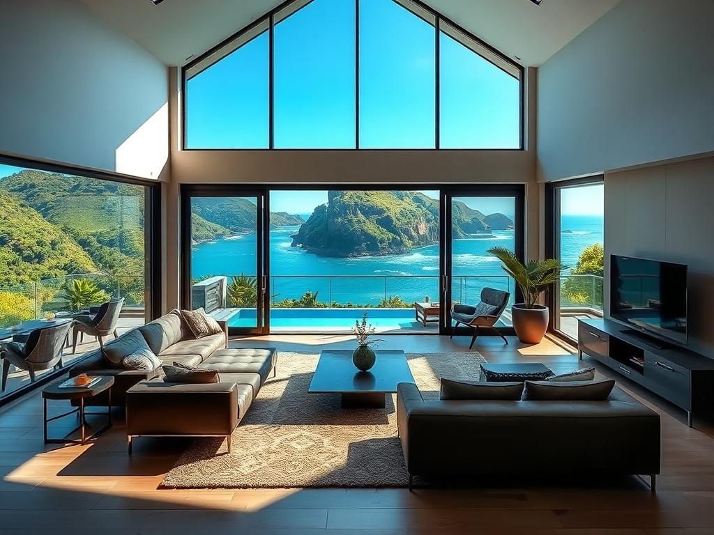 A high-resolution photo of a beautifully designed rental property in Madeira, featuring a spacious living room with modern furnishings, large windows showcasing stunning ocean views, and a cozy atmosphere. The background should include lush greenery and a clear blue sky, highlighting the natural beauty of Madeira. The lighting should create deep shadows and rich contrasts, emphasizing the inviting ambiance of the space.