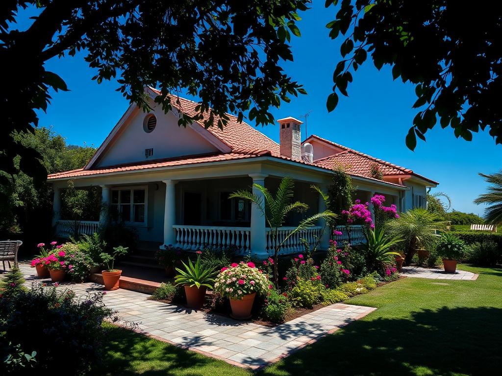 A serene, high-resolution photo of a beautifully maintained rental property in Madeira, showcasing a well-kept garden and inviting patio. The property should be surrounded by lush greenery and vibrant flowers, with a clear blue sky in the background. The emphasis should be on the welcoming atmosphere of the home, capturing its charm and tranquility. The composition should focus on the property itself, creating a sense of peace and relaxation for potential renters.
