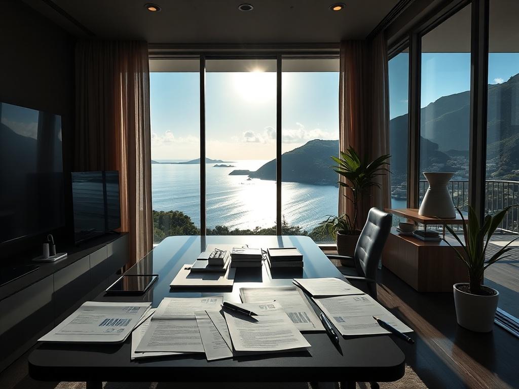 A realistic high-resolution photo of a modern property management office in Madeira. The image should showcase a sleek and professional workspace with a desk, a computer, and property management documents spread out. In the background, large windows reveal a beautiful view of the coastal landscape of Madeira, capturing the essence of the island's natural beauty. The lighting should be bright and inviting, creating a warm and welcoming atmosphere.