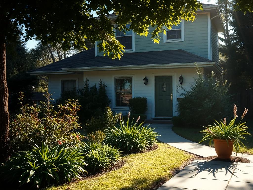 A serene and inviting home environment showcasing a well-maintained garden and a clean exterior. The image should capture the essence of a safe and secure home, with sunlight streaming in, emphasizing warmth and comfort. The focus should be on the home itself, with lush greenery surrounding it, creating a peaceful atmosphere.