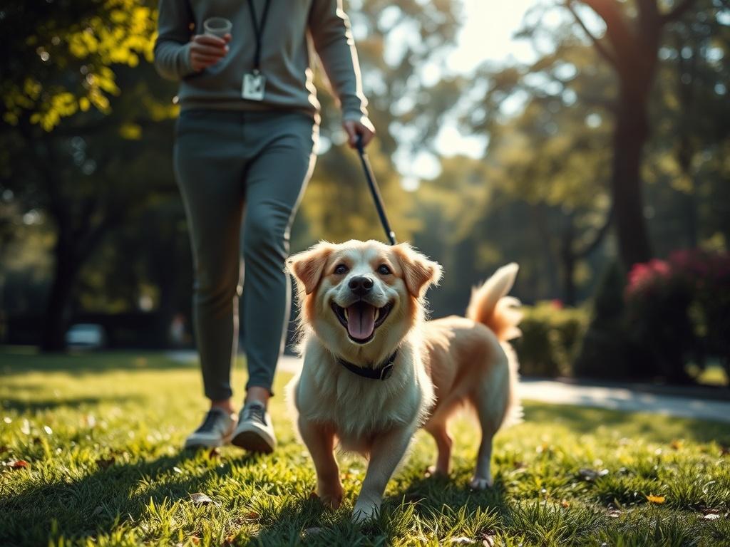 A joyful pet being walked by a caring professional in a vibrant park. The scene should capture the bond between the pet and caregiver, with greenery and sunshine enhancing the atmosphere of happiness and trust.