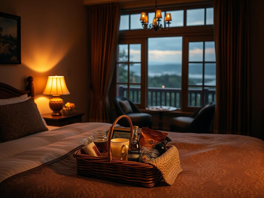 An inviting guest room beautifully arranged, with soft lighting and warm decor. The scene should include a welcome basket with local treats, creating a sense of hospitality and warmth. The background should show a picturesque view, inviting relaxation and comfort for guests.