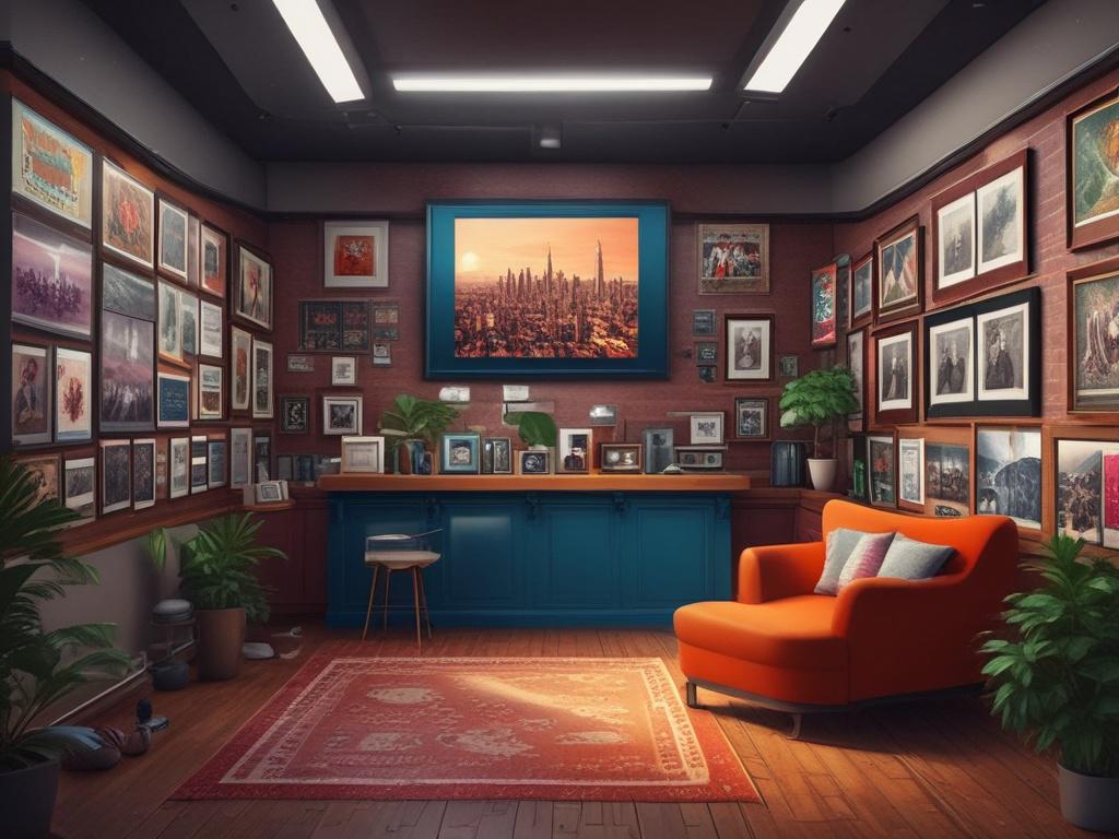A highly detailed and lifelike painting of a news update scene, showcasing a vibrant media room with posters of İsmail Nuhan. The background should reflect a creative atmosphere with elements of music and art, using the color #FF6E4E to highlight key features. The composition should focus on a news bulletin board with exciting updates.