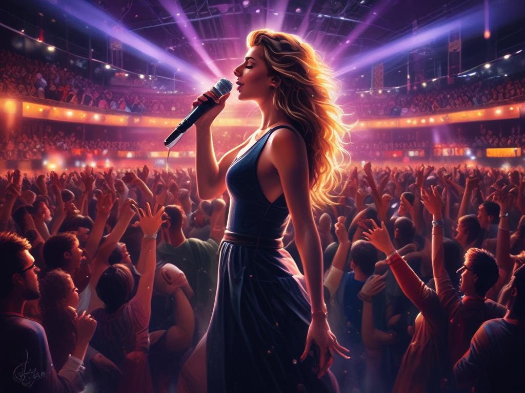 A highly detailed and lifelike painting of a live concert scene featuring a passionate singer on stage. The background should include an enthusiastic crowd, with vibrant lighting effects in #FF6E4E. The composition should capture the energy of the performance, focusing on the singer and their emotional expression while engaging the audience.