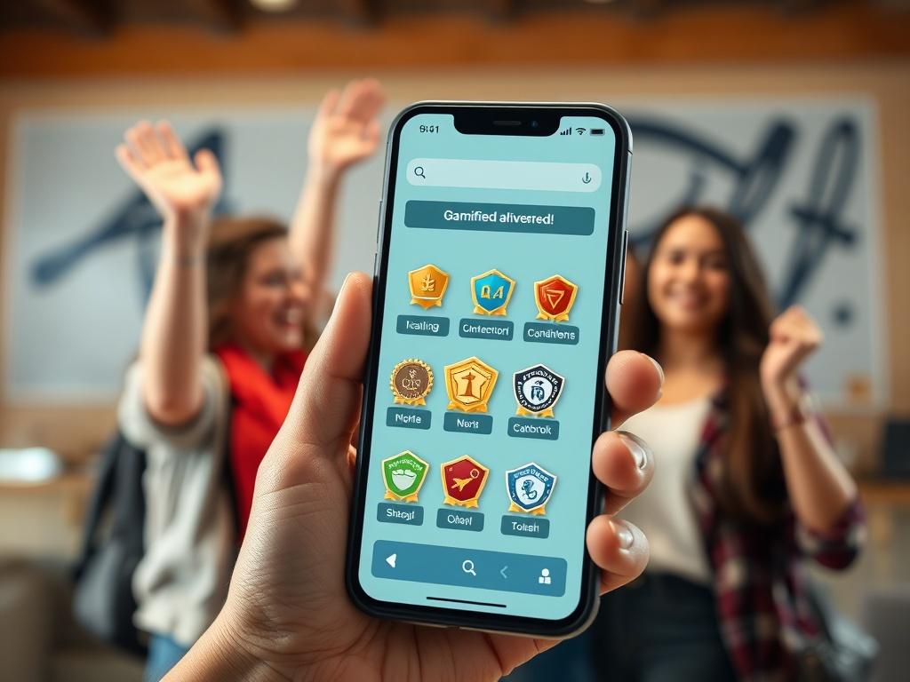A close up of a smartphone displaying a gamified badge