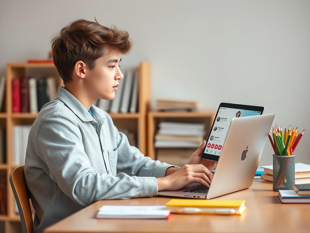 A college student sitting at a desk with a laptop,