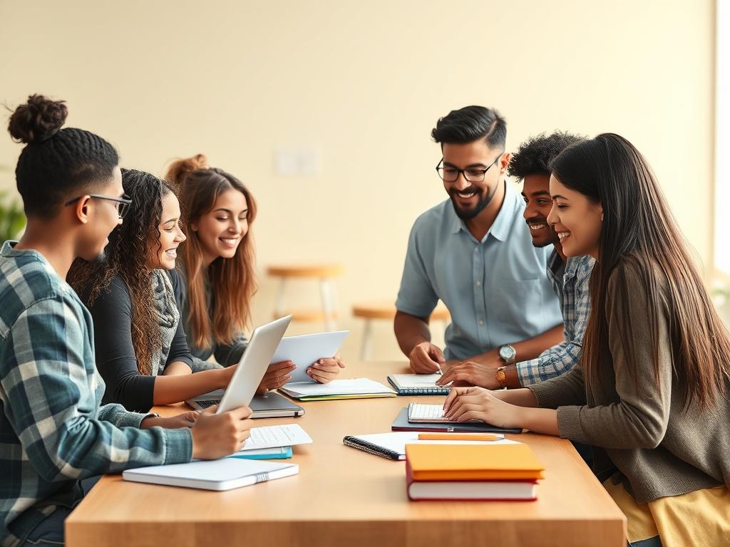 A group of diverse college students gathered around a table,