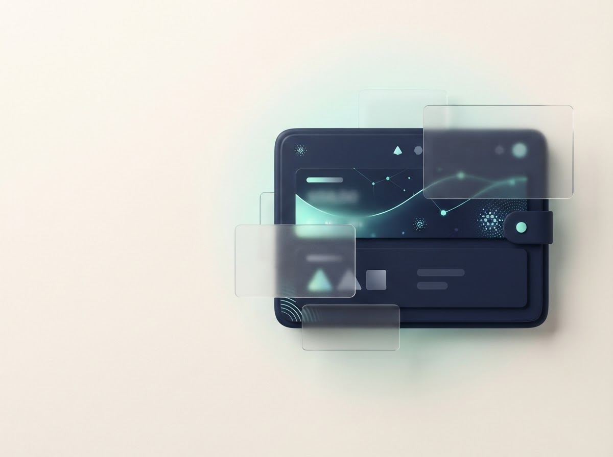 An abstract wallet interface with luminous Cardano-inspired shapes