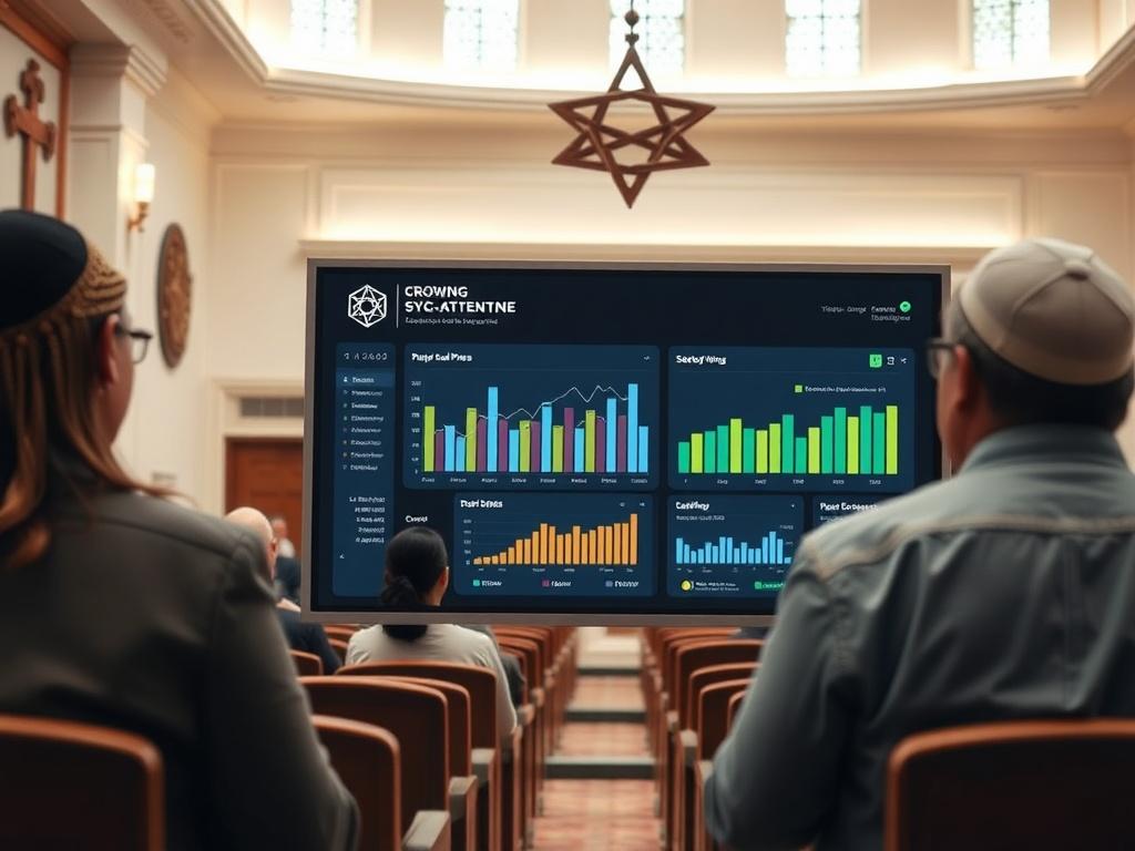 An image of synagogue administrators interacting with a digital dashboard displaying seating availability and crowd management statistics. The setting reflects a modern approach to managing prayer attendance.