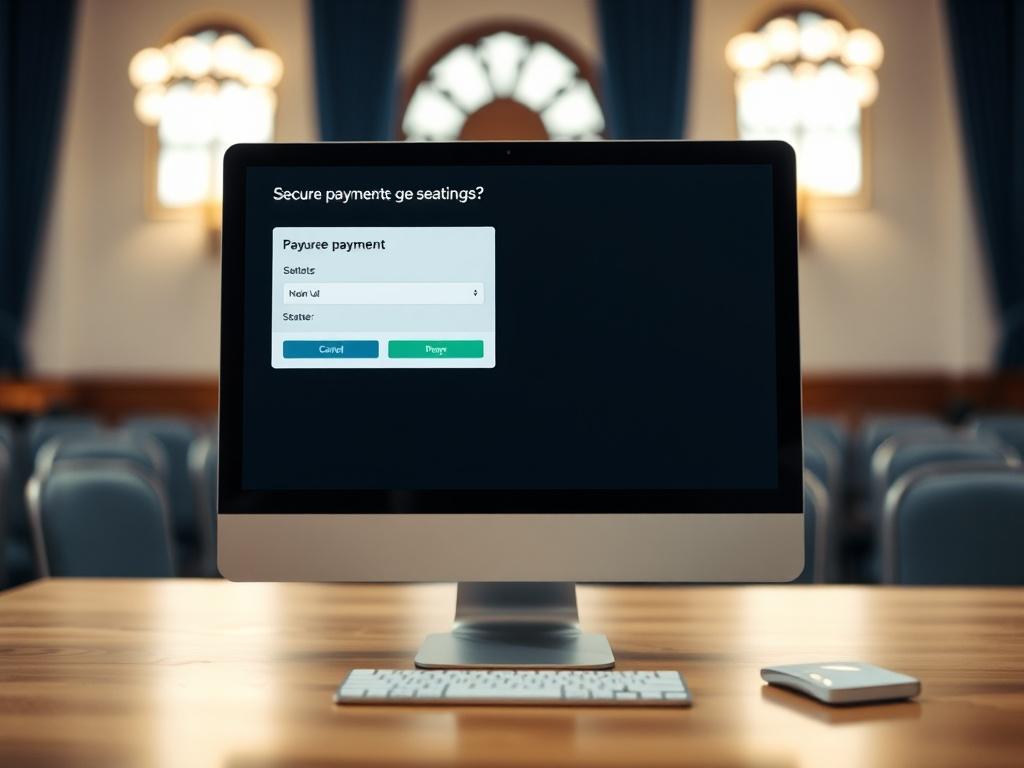 A close-up of a computer screen displaying a secure payment interface for synagogue seating. The background is blurred to keep the focus on the payment process, conveying a sense of security and ease.
