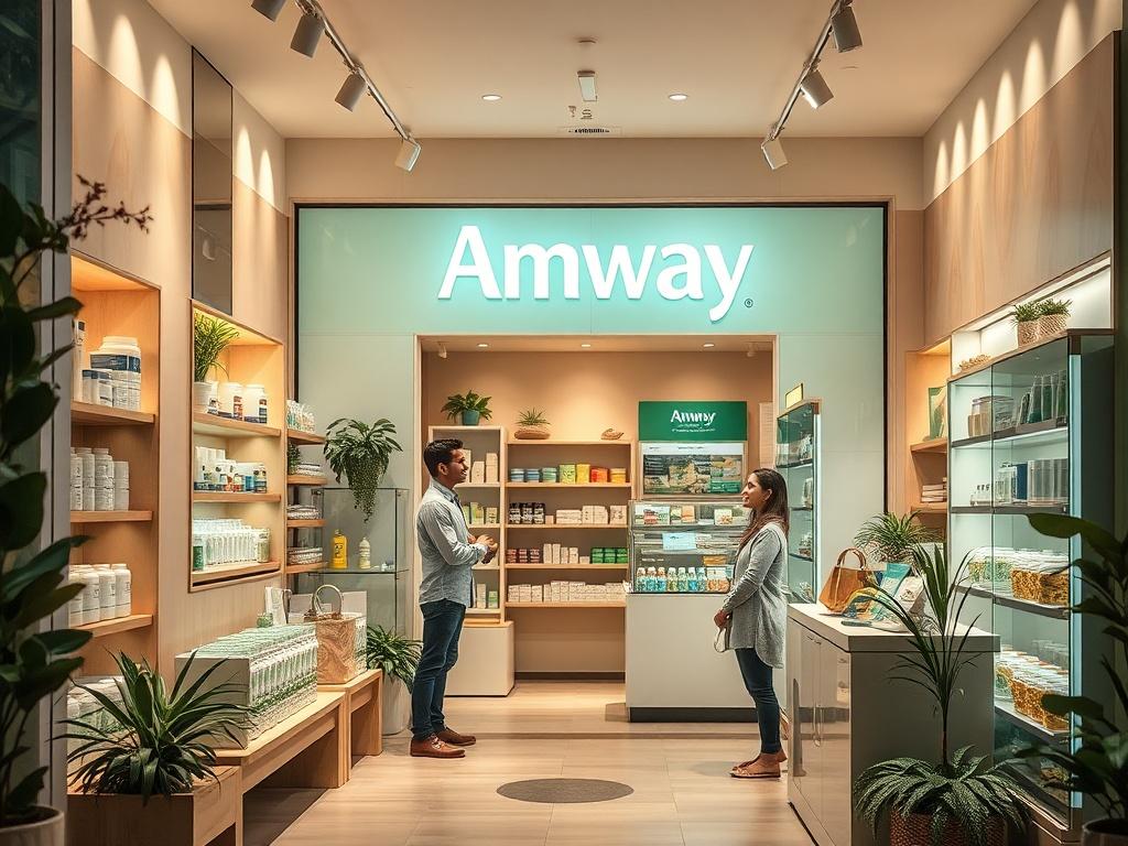 A serene health and wellness storefront showcasing Amway products