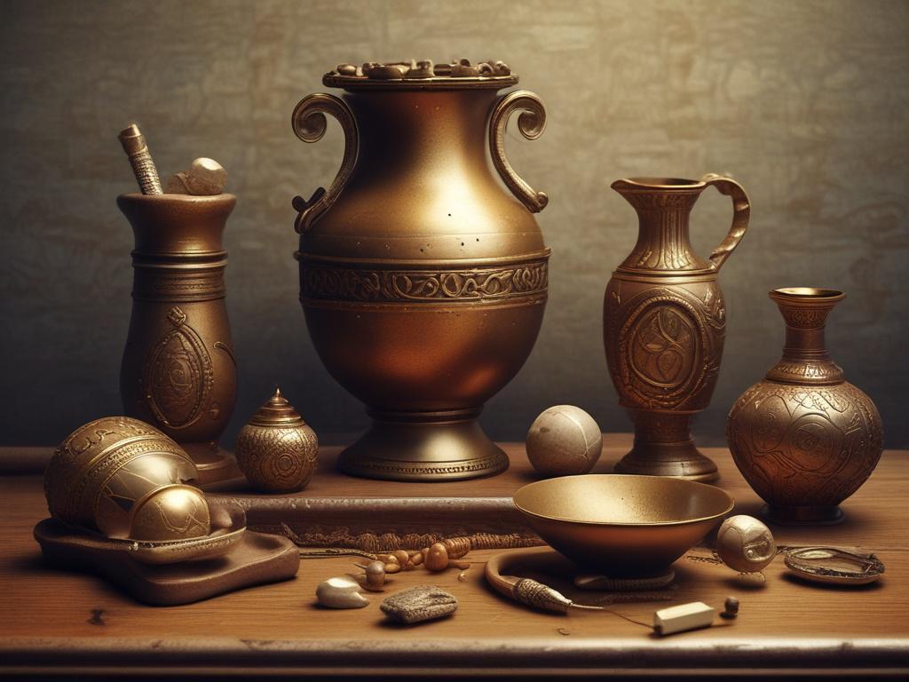A beautifully arranged display of ancient artifacts, including a Roman