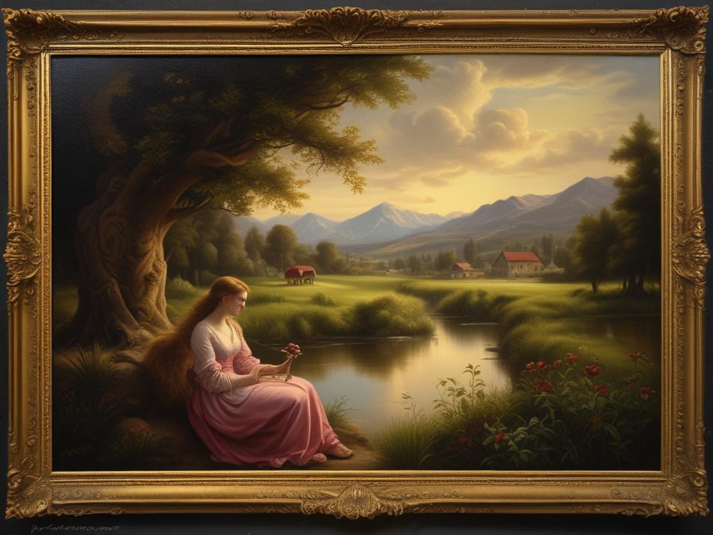 Renaissance Oil Painting, pastoral scene, chiaroscuro, ornate gold frame, close