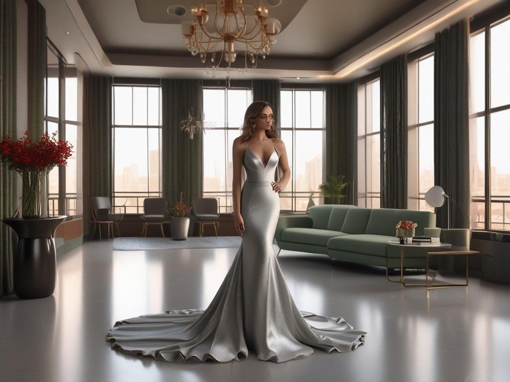 A stunning, elegant female escort in a luxurious setting, wearing