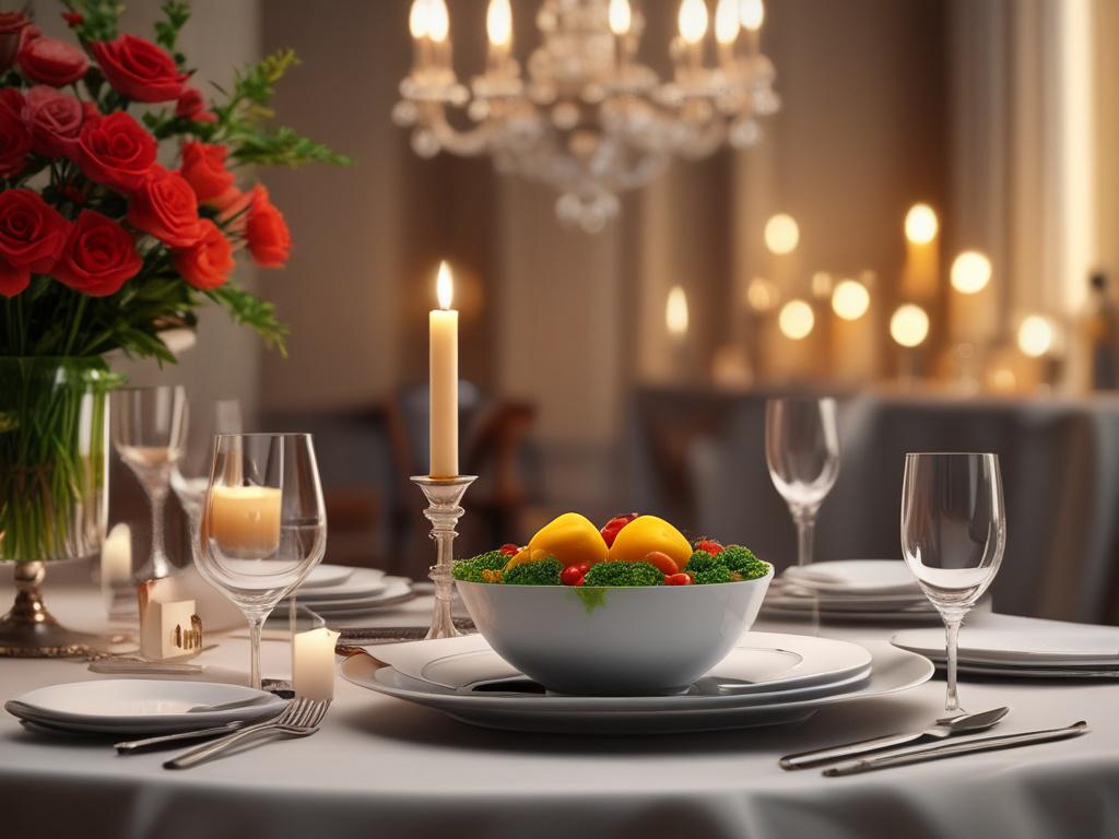 An elegant dinner setting with a beautiful escort seated at