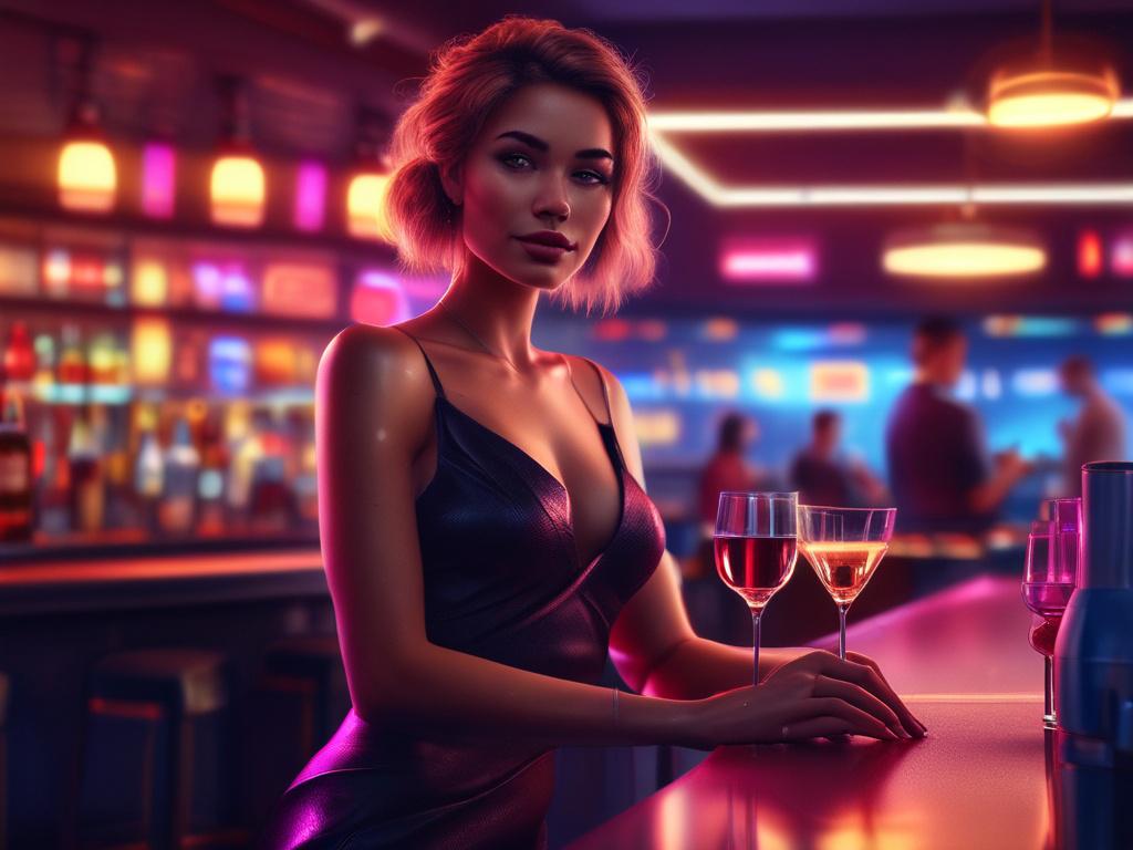 An energetic nightlife scene with a beautiful escort, laughing and